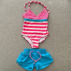 Xhilaration Girls Size 4-5, 2-Piece Swim Set Striped One-Piece w/ Shorts